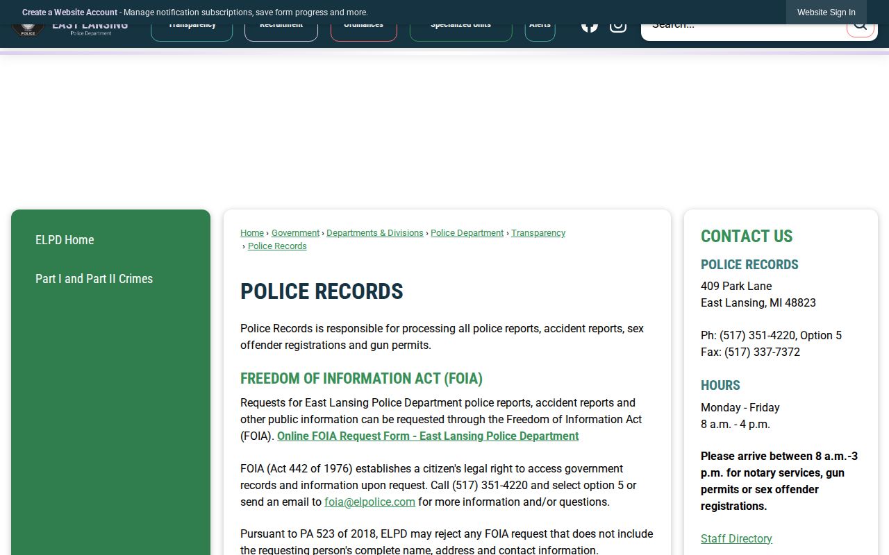 East Lansing Police Records page for arrest and jail booking record requests